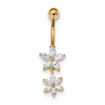 CZ Diamond 2-Flower Dangle Belly Ring 14k Gold BD143, MPN: BD143, 883957984476