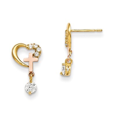 Two-Tone CZ Children&#39;S Cross &amp; Heart Post Earrings 14k Gold GK761, MPN: GK761, 191101364372