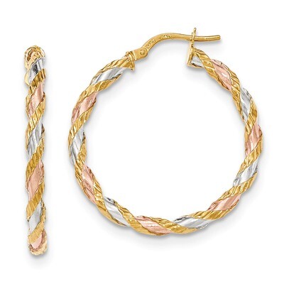 Twisted Hoop Earrings 14k Gold with White &amp; Rose Rhodium Textured TH748, MPN: TH748, 191101456312