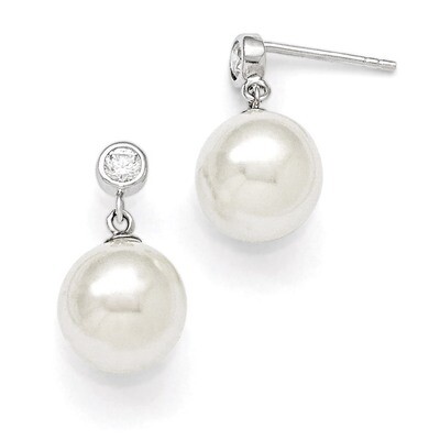 10-11Mm White Shell Bead &amp; CZ Dangle Earrings Sterling Silver QMJE108W, MPN: QMJE108W, 886774293622