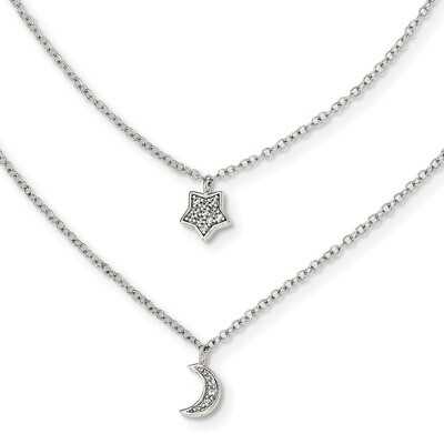 CZ Diamond Moon/Star Double Strand with 1 inch Extender Necklace 16 Inch Sterling Silver Polished Q…