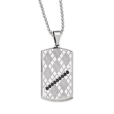 Polished &amp; Textured Black Synthetic Diamond Dog Tag Necklace - Stainless Steel SRN1970-22 by Chisel…