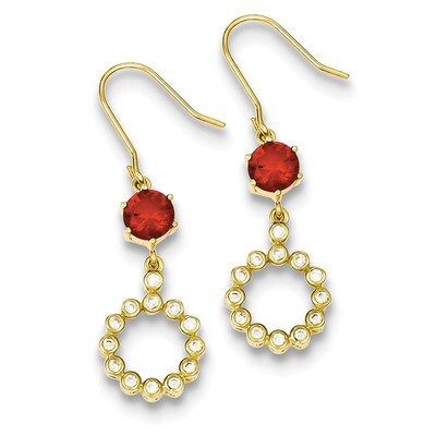 Sterling Silver Gold Plated Diamond Red Glass Dangle Earrings QE9434