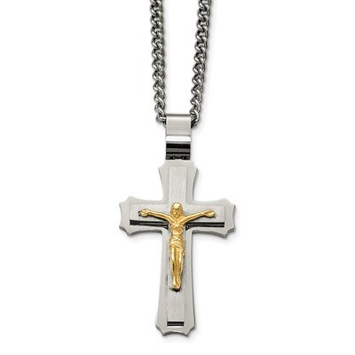 Yellow IP Crucifix Necklace Stainless Steel Brushed Polished SRN2066-24 by Chisel, MPN: SRN2066-24,…