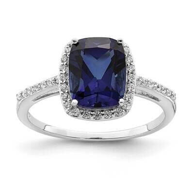 Created Blue Sapphire &amp; CZ Diamond Ring Sterling Silver Rhodium-plated QR7053, MPN: QR7053,