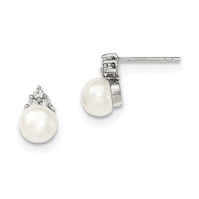 6-7mm White Cultured Freshwater Pearl CZ Diamond Post Earrings Sterling Silver Rhodium-plated QE128…