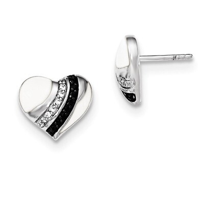 Black Rhod &amp; Enamel White-Black CZ Heart Post Earrings Sterling Silver QE12492