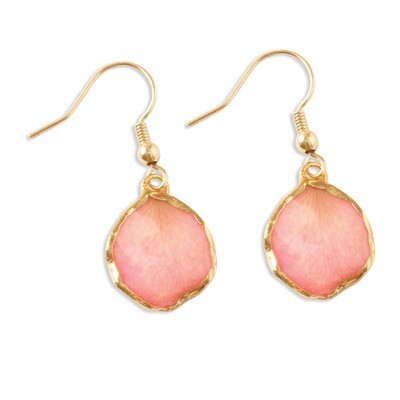 Pink Rose Petal Dangle Earrings Lacquer Dipped 24k Gold Trim BF1359, MPN: BF1359, 810391015169