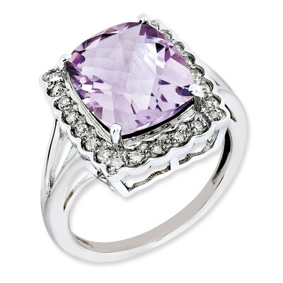 Sterling Silver Diamond &amp; Pink Quartz Ring QR3031PQ-7