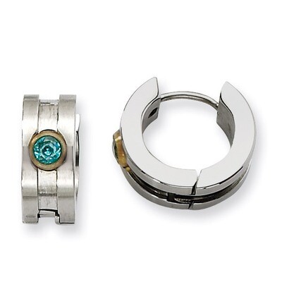 Teal Synthetic Diamond &amp; Yellow-plated Hinged Hoop Earrings - Stainless Steel SRE358 by Chisel, MPN…