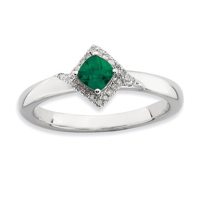 Cr. Emerald &amp; Dia Ring Sterling Silver Polished QSK658-5, MPN: QSK658, 886774175478