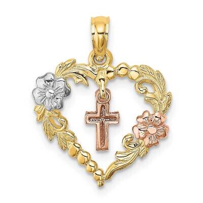 Heart with Dangle Cross Flowers Charm 14k Tri-Color Gold K9040, MPN: K9040, 637218022274