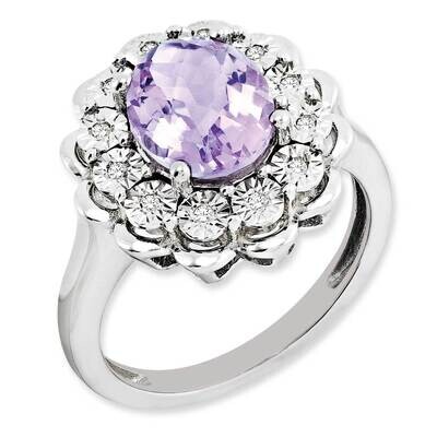 Diamond &amp; Oval Checker-Cut Pink Quartz Ring Sterling Silver Rhodium-plated QR3029PQ-7, MPN: QR3029P…