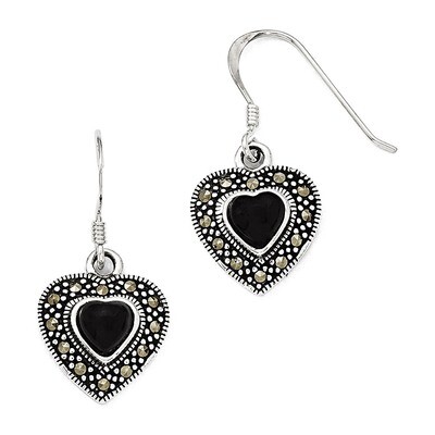 Onyx Heart Marcasite Earrings Sterling Silver QE1437, MPN: QE1437, 191101187650