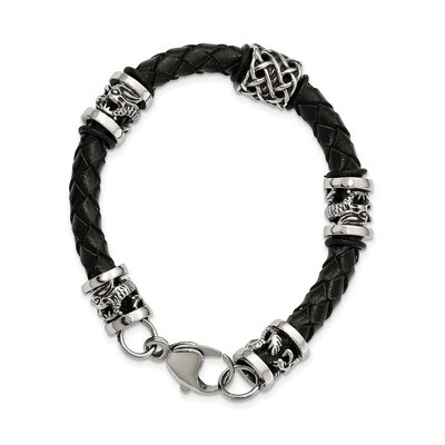 Dragon Black Braided Leather Bracelet Stainless Steel Polished Antiqued SRB2060-8.5 by Chisel, MPN:…