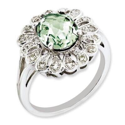 Diamond &amp; Oval Checker-Cut Green Quartz Ring Sterling Silver Rhodium-plated QR3028AG-7, MPN: QR3028…