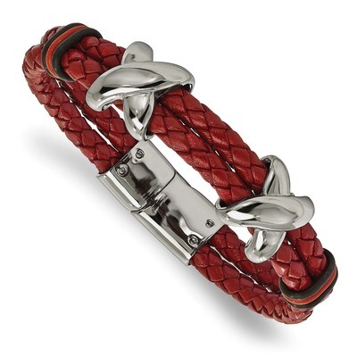Red Leather and Rubber Bracelet Stainless Steel Polished SRB2140-8 by Chisel, MPN: SRB2140-8, 88677…