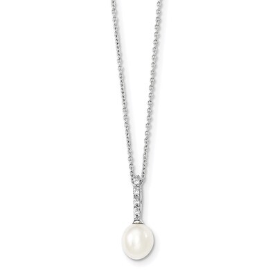 7-8mm White Freshwater Cultured Pearl CZ Diamond Chain Slide Necklace 17 Inch Sterling Silver QP463…
