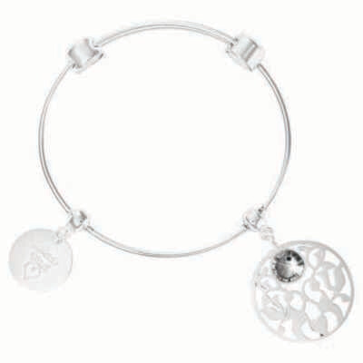 Nikki Lissoni Charm Bangle with Two Fixed Charms Made with Love Vintage Flower with A Grey Swarovsk…