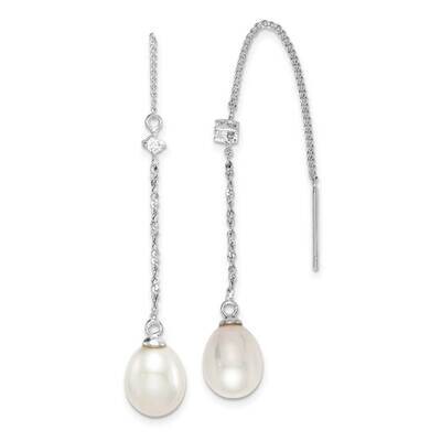 7-8mm White Rice Freshwater Cultured Pearl CZ Diamond Earrings Sterling Silver Rhodium Plated QE152…