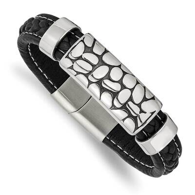 Polished Black Faux Leather 8.5 Inch Bracelet Stainless Steel Antiqued SRB2792-8.5, MPN: SRB2792-8.…