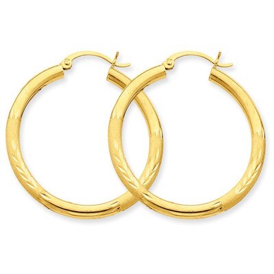 Satin &amp; Diamond-cut 3mm Round Hoop Earrings 10k Gold 10TC287, MPN: 10TC287, 883957896854