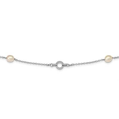 7-8mm 4 Freshwater Cultured Pearl Stations CZ Diamond Necklace Sterling Silver Rhodium Plated QH553…