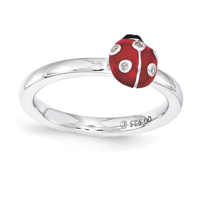Red &amp; Black Enamel with Diamond Ring - Sterling Silver QSK1542, MPN: QSK1542, 886774207759