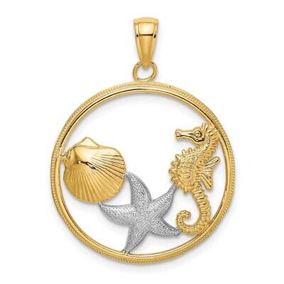 Scallop Starfish Seahorse In Round Frame Charm 14k Gold Rhodium K9404, MPN: K9404, 637218134953