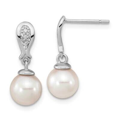 7-8mm Round White Saltwater Akoya Pearl .03Ct Diamond Dangle Earrings 14k White Gold XF804E, MPN: X…