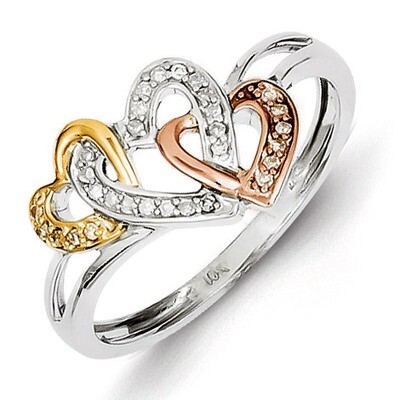 14k YelloRose Gold Diamonds Three Heart Ring Sterling Silver QR5678, MPN: QR5678, 883957408415