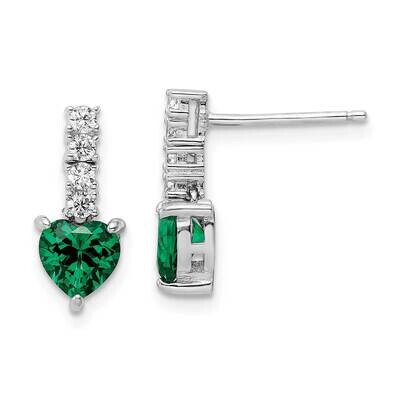 Rhodium Green Clear CZ Diamond Heart Post Dangle Earrings Sterling Silver Polished QE15763, MPN: QE…