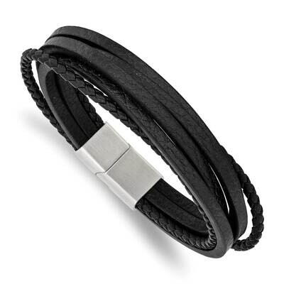 Black Leather Multi Strand 8 Inch Bracelet Stainless Steel Brushed SRB3032-8, MPN: SRB3032-8, 19110…