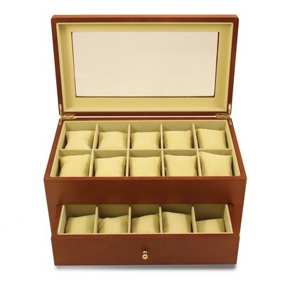 Cherry Finish Wood 20 Watch Box with Glass Top &amp; Drawer GM13156, MPN: GM13156, 797140566403