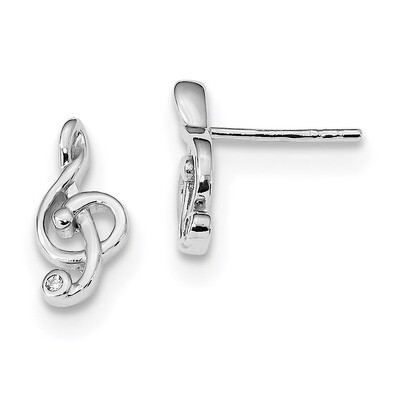 CZ Diamond Treble Clef Post Earrings Sterling Silver Rhodium-plated QE13544, MPN: QE13544, 19110123…