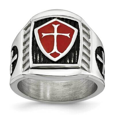 Polished with Red Enamel Cross Shield Ring Stainless Steel Antiqued SR634-10, MPN: SR634, 191101873…