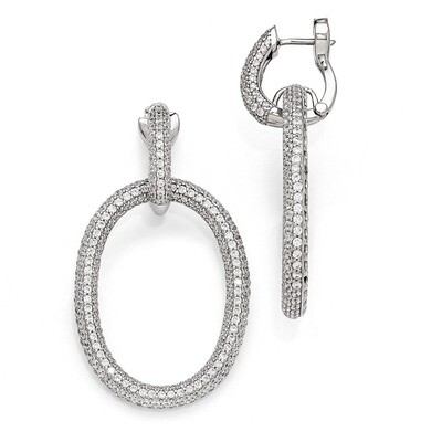 Rhodium Plated CZ Oval Hinged Hoop Dangle Earrings Sterling Silver QE11286