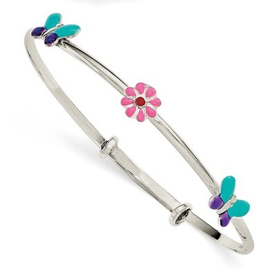 Enamel Flower &amp; Butterfly Childs Adjustable Bangle Sterling Silver QB1048, MPN: QB1048, 191101343568