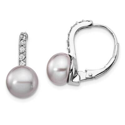 CZ Diamond &amp; FWC Grey Pearl Leverback Earrings Sterling Silver Rhodium-plated QCM1406, MPN: QCM1406…