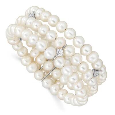 6-7mm White Freshwater Cultured Pearl 3 rows CZ Diamond Bangle Sterling Silver Rhodium Plated QG510…