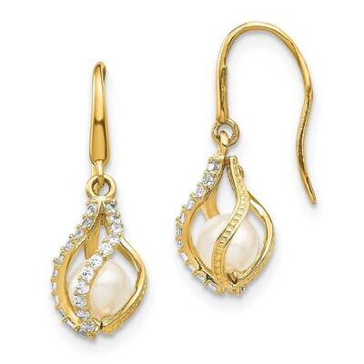 Freshwater Cultured Pearl CZ Diamond Cage Dangle Earrings 14k White Gold Brushed SE2864, MPN: SE286…