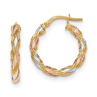 Twisted Hoop Earrings 14k Gold with White &amp; Rose Rhodium Textured TH746, MPN: TH746, 191101457722