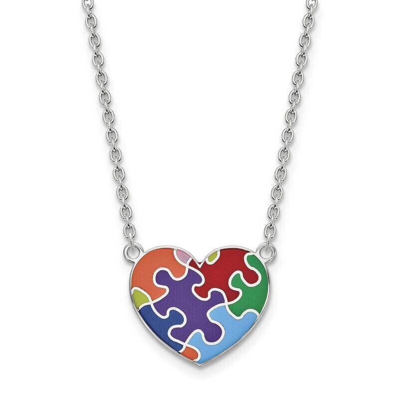 Enameled Autism Heart Necklace Sterling Silver Rhodium-plated QG4677-18