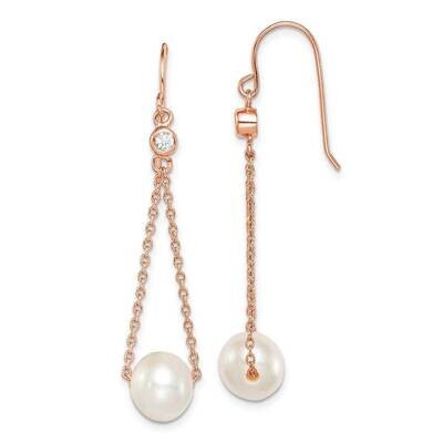 18k Flash-pl 8-9mm Freshwater Cultured Pearl CZ Diamond Dangle Earrings Sterling Silver Rose-tone Q…