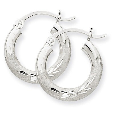 Satin &amp; Diamond-cut 3mm Round Hoop Earrings 10k White Gold 10TC279, MPN: 10TC279, 883957896779