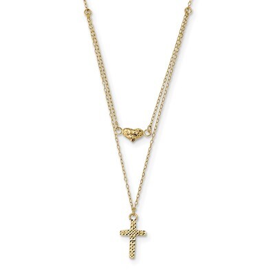 18 Inch 2-Strand Diamond -cut Cross &amp; Heart with 2 inch Extender Necklace 14k Gold Polished SF2524-…