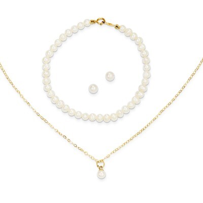 Fresh Water Cultured Pearl 15 inch Necklace, Ear &amp; 5.5 inch Blt 3pc Set - 14k Gold SE2385 by Madi K…