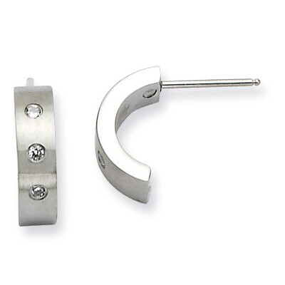 Synthetic Diamond Brushed &amp; Polished Half Hoop Post Earrings - Stainless Steel SRE388 by Chisel, MP…
