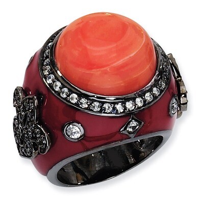 Cheryl M Enamel Simulated Red Coral &amp; Cubic Zirconia Ring Black-plated Sterling Silver QCM546, MPN:…