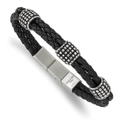 Polished Black Leather 8.25 Inch Bracelet Stainless Steel Antiqued SRB2716-8.25, MPN: SRB2716-8.25,…